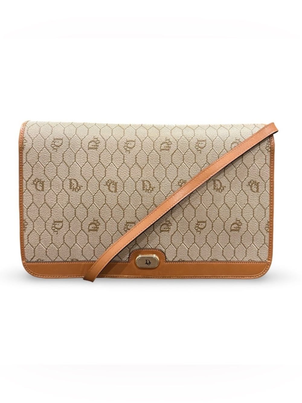 Christian Dior Vintage Monogram Honeycomb Clutch Crossbody Bag Brown Tan Leather
